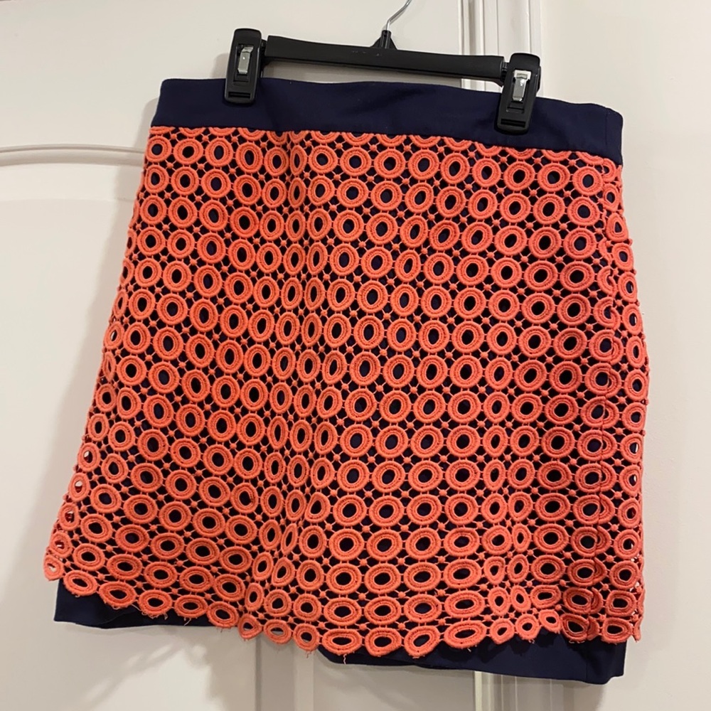 Loft Coral Pink Navy Mini Skirt Lace Detail Size 4